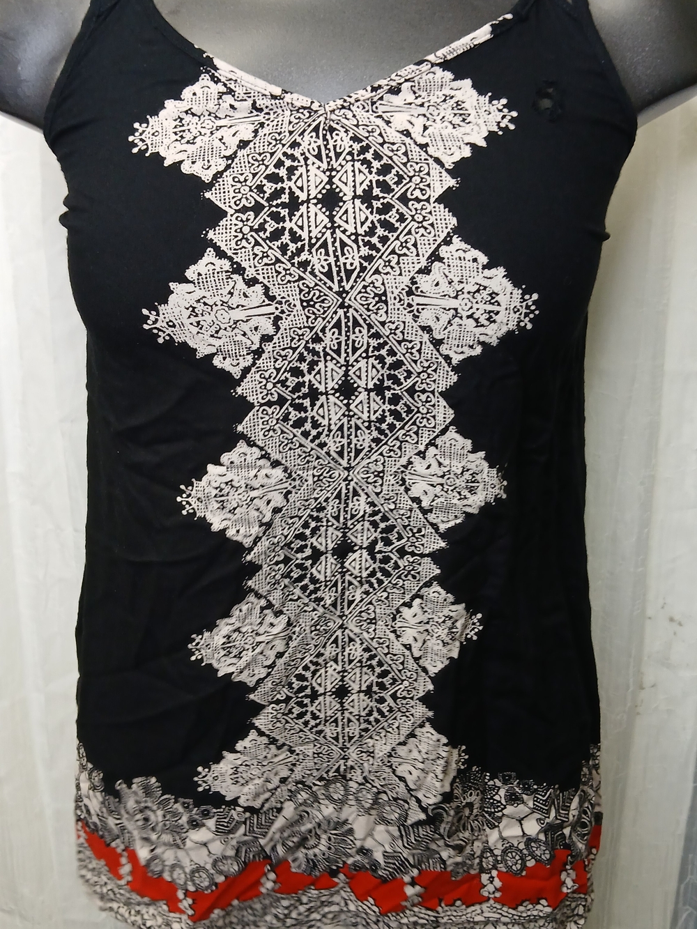 Angie Black V-Neck Camisole with White Geometric Print and Red Hem Accent